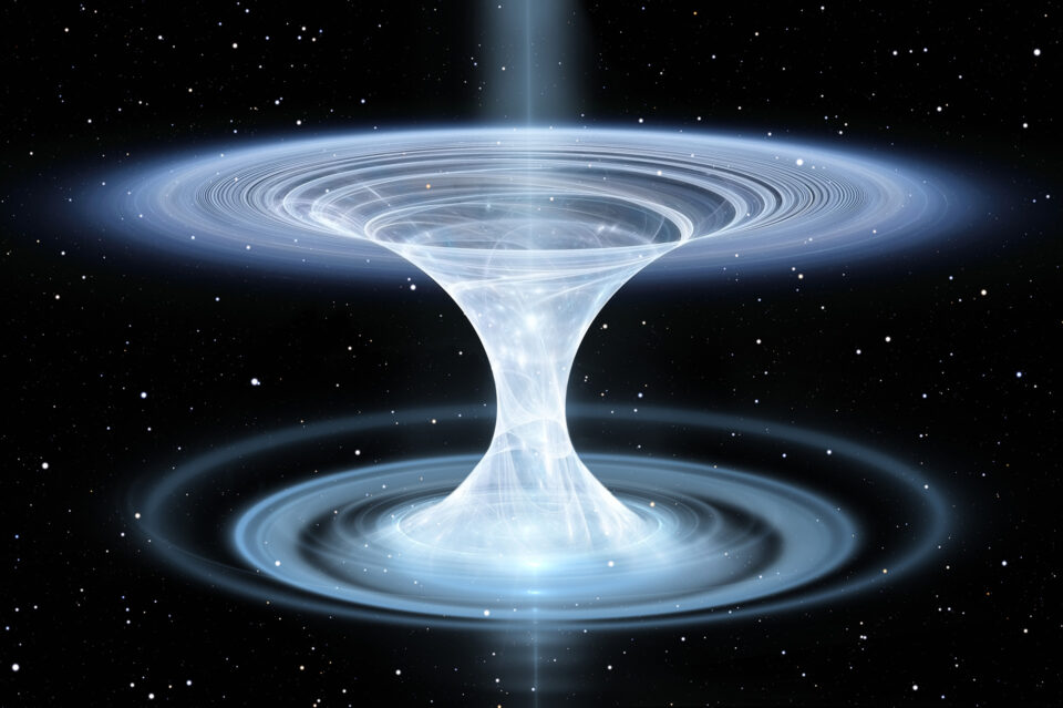 a wormhole connecting an entrance point in this reality with its exit point into another reality